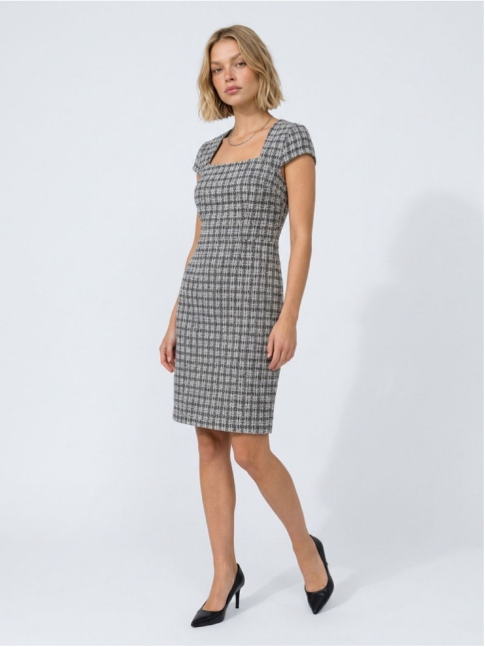 Women's Grace Karin Black and White Plaid Tweed Midi Dress Size XL